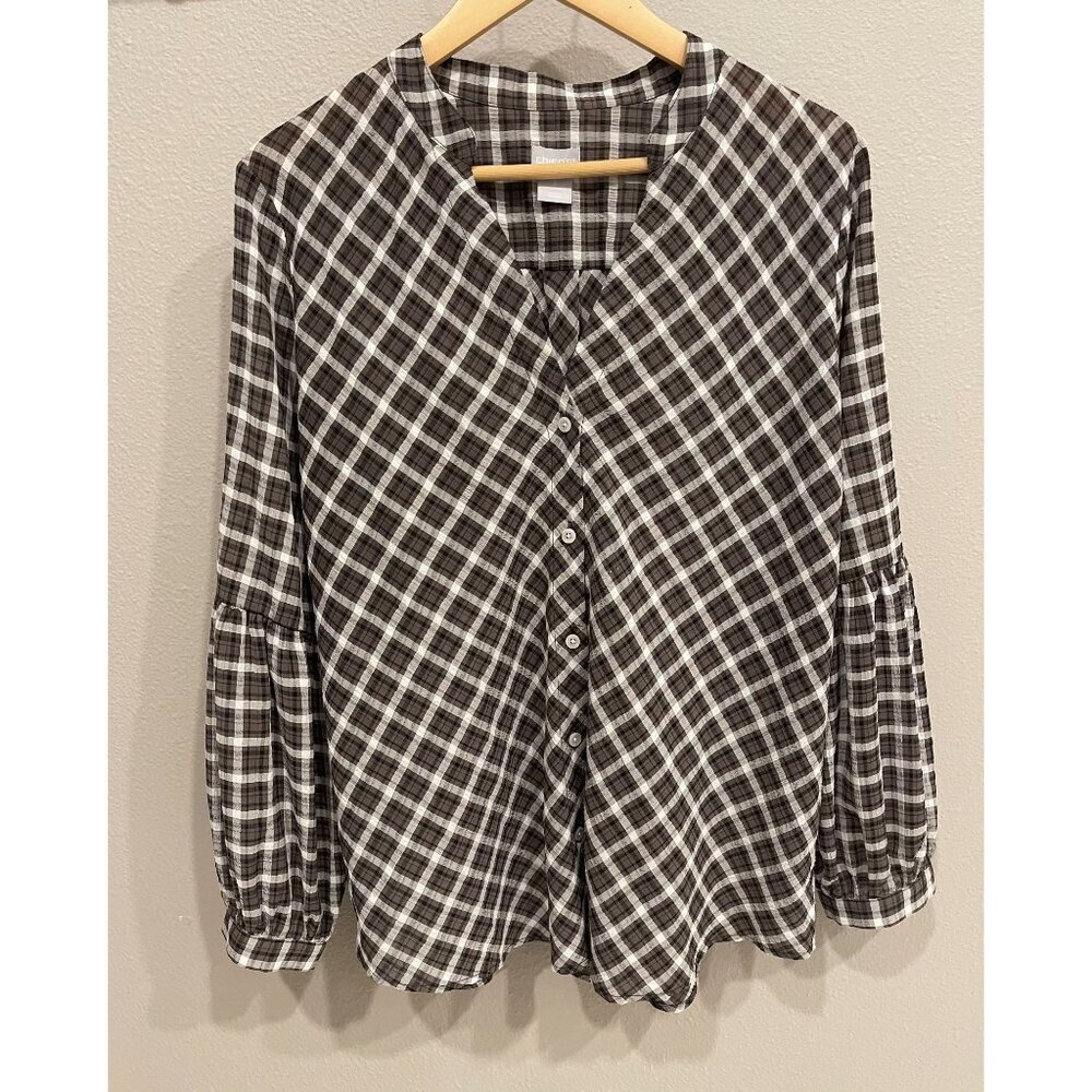 Chico's Button Up Blouse Large Check Pattern Balloon Sleeves Dressy Office